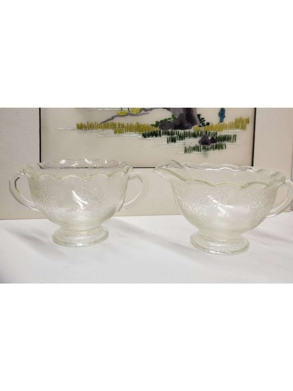 Hazel Atlas Old Florentine Poppy Ruffle Rim Creamer & Sugar Set Glass Vintage